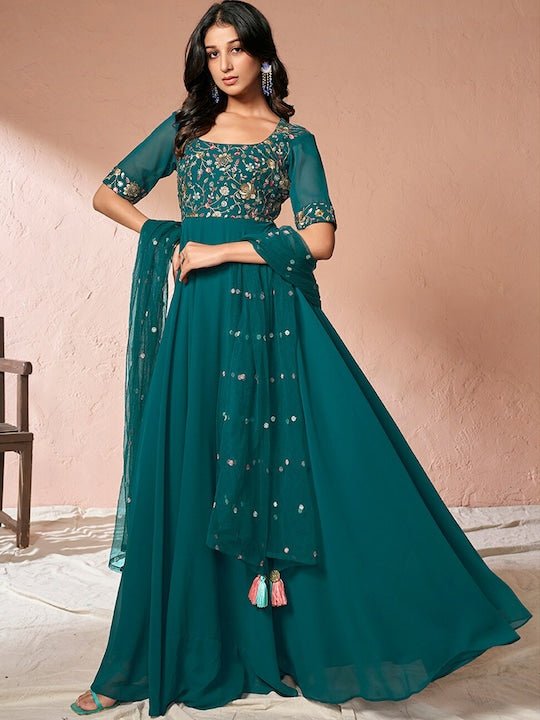Teal Floral Embroidered Sequinned Fit and Flare Ethnic Dress With Dupatta - Inddus.com