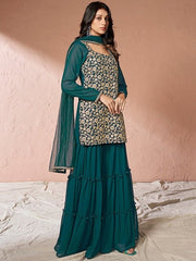 Teal Floral Embroidered Sequinned Georgette Kurta With Sharara & Dupatta - Inddus.com