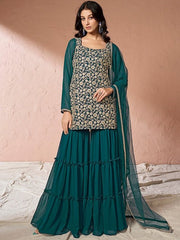 Teal Floral Embroidered Sequinned Georgette Kurta With Sharara & Dupatta - Inddus.com