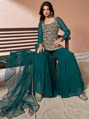 Teal Floral Embroidered Sequinned Georgette Kurta With Sharara & Dupatta - Inddus.com