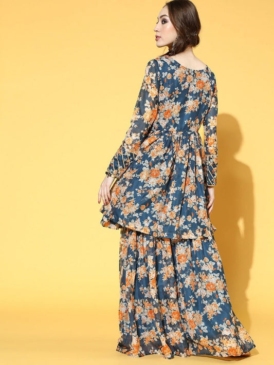 Teal Floral Print Kurta with Sharara - inddus-us
