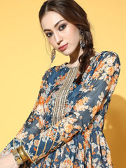 Teal Floral Print Kurta with Sharara - inddus-us
