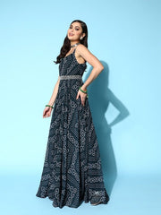 Teal Georgette Bandhani Printed Gown with Belt - Inddus.com