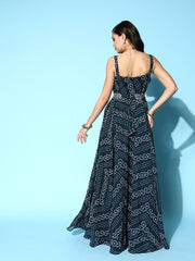 Teal Georgette Bandhani Printed Gown with Belt - Inddus.com