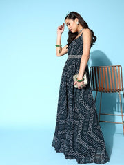 Teal Georgette Bandhani Printed Gown with Belt - Inddus.com