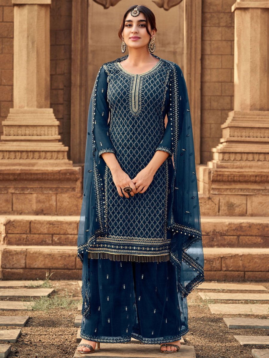 Teal Georgette Embroidered Festive Palazzo Suit - Inddus.com