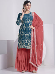Teal Georgette Embroidered Sharara-Style-Suit - Inddus.com