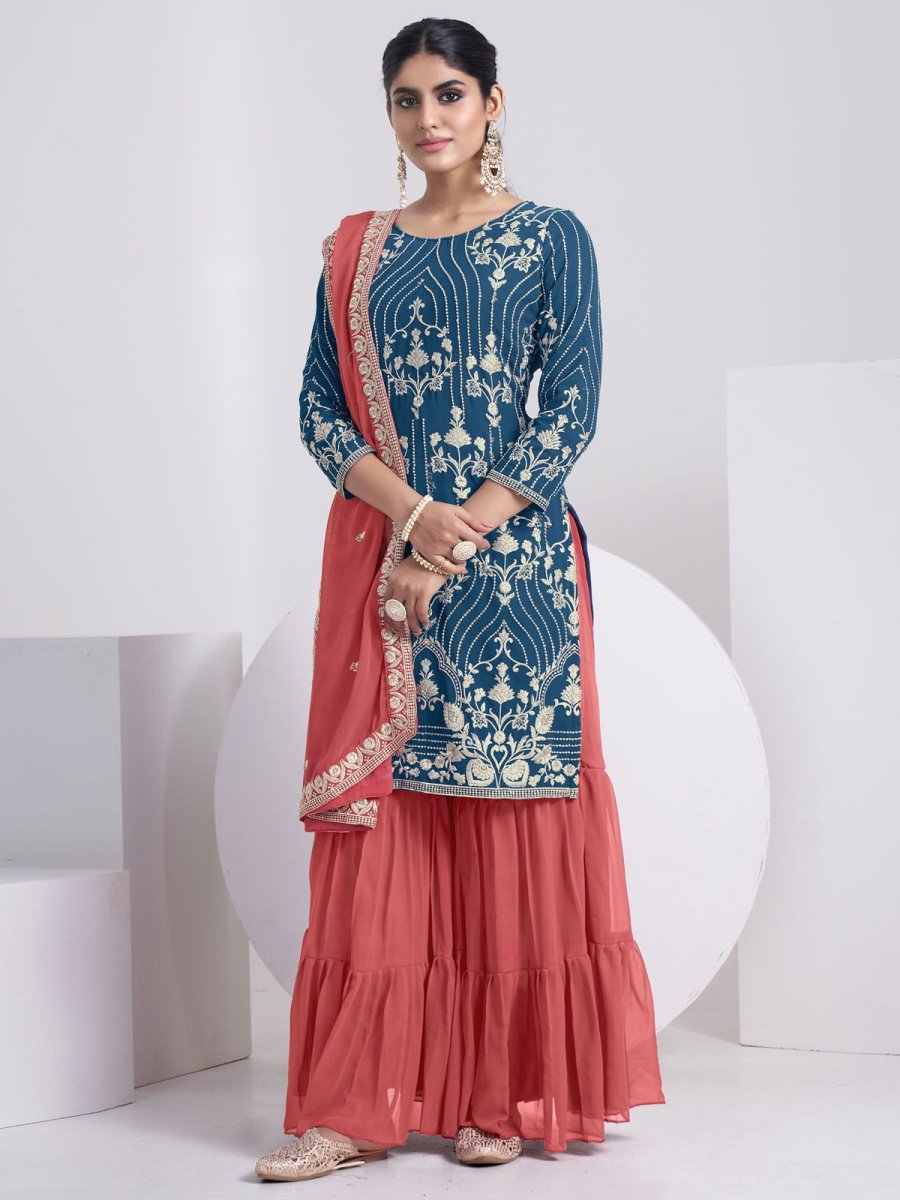 Teal Georgette Embroidered Sharara-Style-Suit - Inddus.com