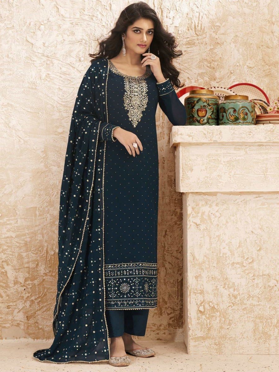 Teal Georgette Embroidered Straight Cut Suit - inddus-us