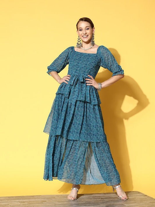 Teal Georgette Maxi Dress - Inddus.com