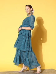 Teal Georgette Maxi Dress - Inddus.com