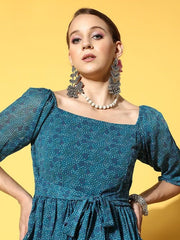 Teal Georgette Maxi Dress - Inddus.com