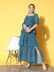 Teal Georgette Maxi Dress - Inddus.com