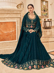 Teal Georgette Partywear Gown - Inddus.com