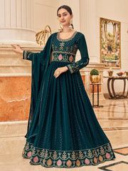 Teal Georgette Partywear Gown - Inddus.com