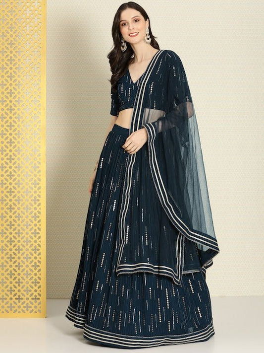 Teal & Gold-Toned Embroidered Semi-Stitched Lehenga & Unstitched Blouse With Dupatta - Inddus.com