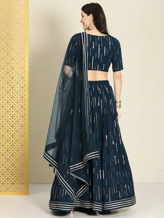 Teal & Gold-Toned Embroidered Semi-Stitched Lehenga & Unstitched Blouse With Dupatta - Inddus.com
