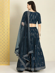 Teal & Gold-Toned Embroidered Semi-Stitched Lehenga & Unstitched Blouse With Dupatta - Inddus.com