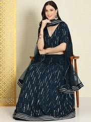 Teal & Gold-Toned Embroidered Semi-Stitched Lehenga & Unstitched Blouse With Dupatta - Inddus.com
