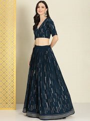 Teal & Gold-Toned Embroidered Semi-Stitched Lehenga & Unstitched Blouse With Dupatta - Inddus.com