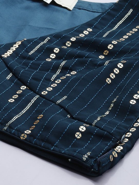 Teal & Gold-Toned Embroidered Semi-Stitched Lehenga & Unstitched Blouse With Dupatta - Inddus.com