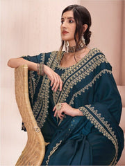 Teal & Gold-Toned Ethnic Motifs Embroidered Silk Blend Saree - Inddus.com