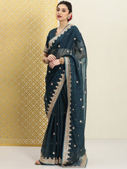 Teal & Gold-Toned Ethnic Motifs Sequinned Organza Heavy Work Saree
