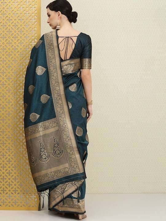 Teal Green Poly Cotton Saree with Gold-Tone Zari