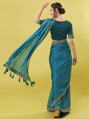 Teal & Gold-Toned Striped Zari Saree - Inddus.com