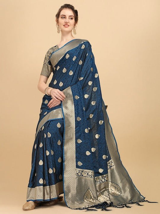 Teal & Gold-Toned Woven Design Silk Blend Saree