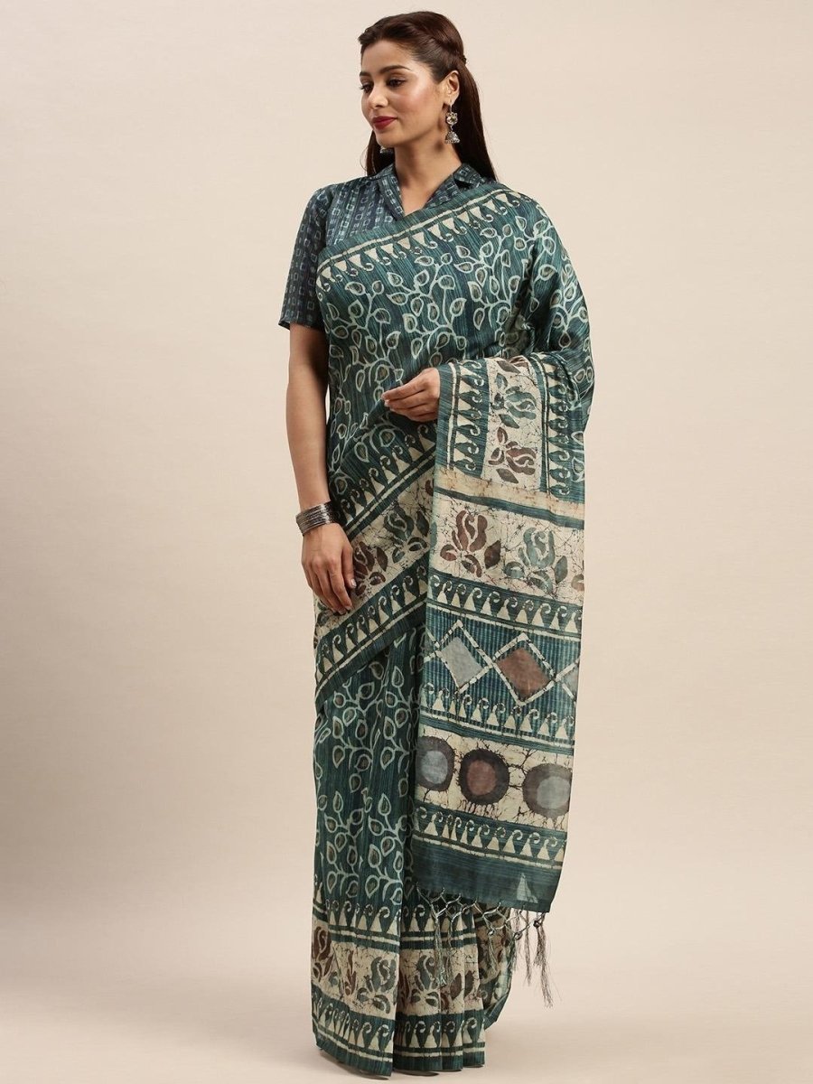 Teal Green & Beige Cotton Blend Printed Saree - inddus-us