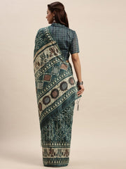 Teal Green & Beige Cotton Blend Printed Saree - inddus-us