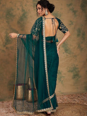 Teal green Embroidered Detailed Net Saree - Inddus.com