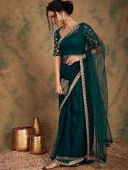 Teal green Embroidered Detailed Net Saree - Inddus.com
