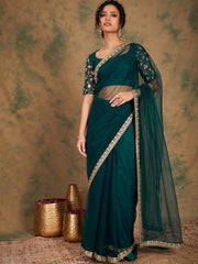 Teal green Embroidered Detailed Net Saree - Inddus.com