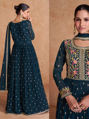 Teal Green Embroidered Partywear Palazzo-Suit - Inddus.com