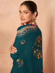 Teal Green Embroidered Partywear Sharara-Style-Suit - Inddus.com