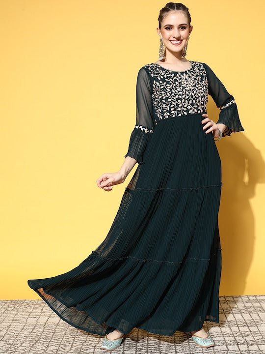 Teal Green Floral Embroidered Gown - Inddus.com
