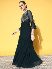 Teal Green Floral Embroidered Gown - Inddus.com