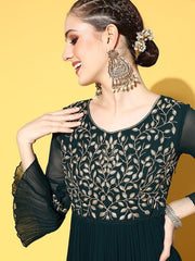Teal Green Floral Embroidered Gown - Inddus.com