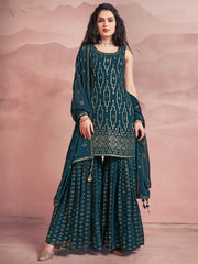 Teal Green Georgette Partywear Sharara-Style-Suit - Inddus.com