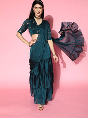 Teal Lehenga Saree with Blouse Piece - Inddus.com