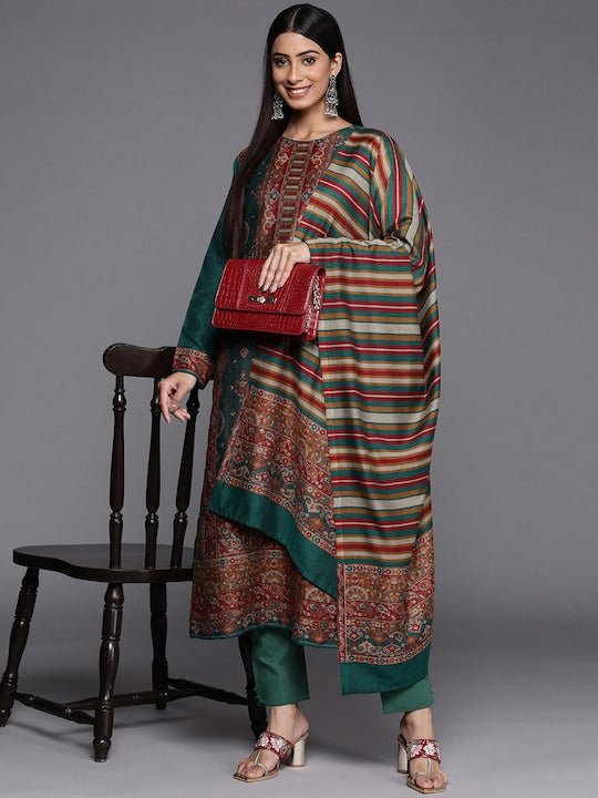 Teal & Maroon Woven Pashmina Winter Wear Unstitched Dress Material - Inddus.com