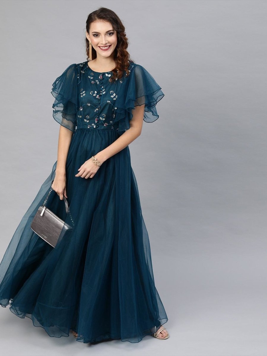 Teal Net Embroidered Fit & Flared Gown - inddus-us