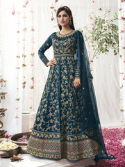 Teal Net Partywear Anarkali Suit - Inddus.com