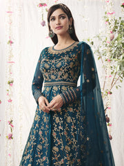 Teal Net Partywear Anarkali Suit - Inddus.com
