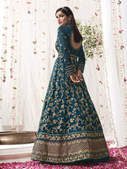 Teal Net Partywear Anarkali Suit - Inddus.com