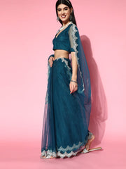 Teal Net Saree with Blouse Piece - Inddus.com