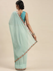 Teal Net Sequinned Embroidered Ruffled Saree - Inddus.com