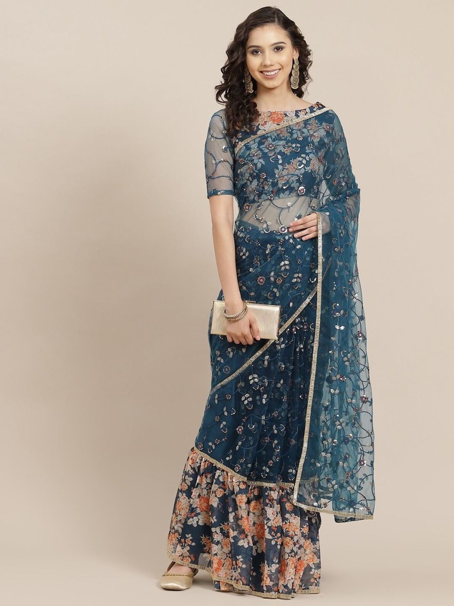 Teal Net Sequinned Embroidered Ruffled Saree - inddus-us